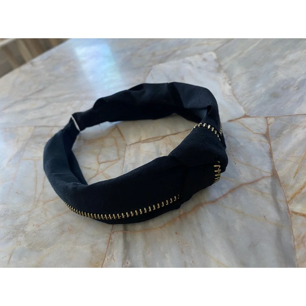 Black Knotted Headband Gold Zipper Trim Edgy Turban Style Hair Accessory
